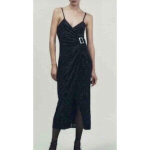 Zara Black Velvet Buckled Jacquard Midi Dress Size X Small NWT